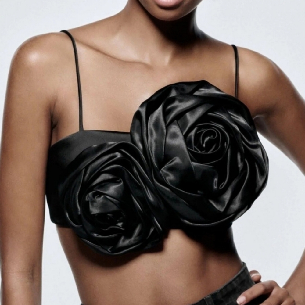 Zara floral applique crop top black sz Small & Medium available jumbo big flower